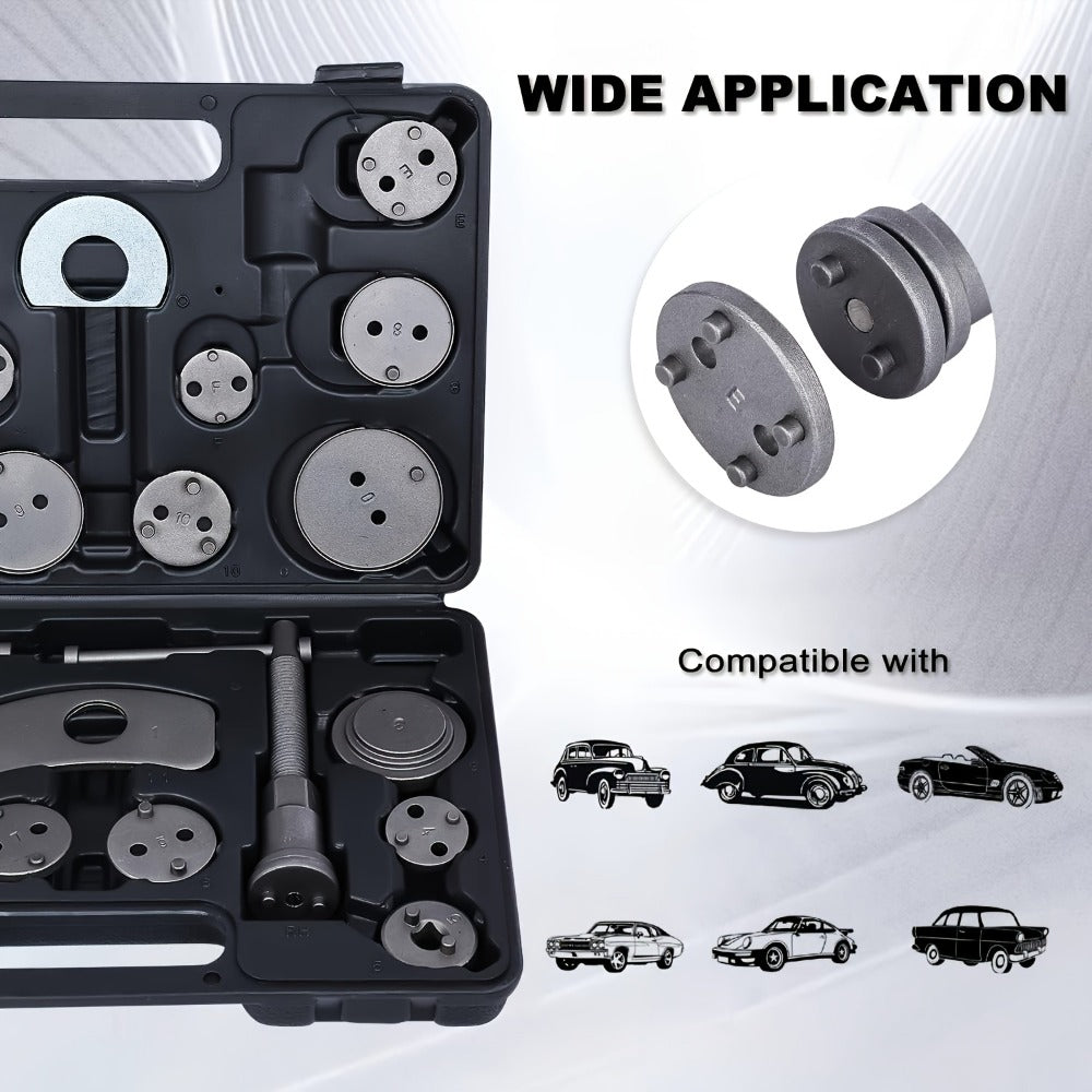 Brake Caliper Wind Back Tool Kit 26-Piece – Brake Caliper Compression Tool Set with 18 Disc Adapters, Thrust Bolt Assemblies 