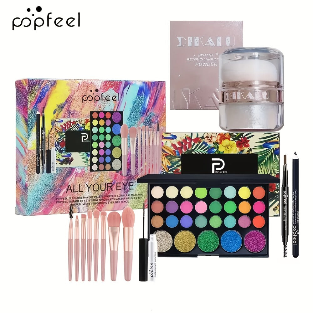 Makeup Gift Set POPFEEL 29-Color Eyeshadow Palette + Mascara + Eyeliner + Brow Pencil + Highlighter Powder + 7-Piece Brush Se