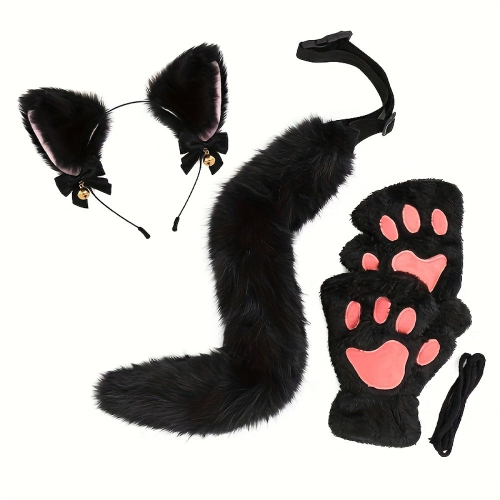 Cat Costume Set 3 Piece, Bell Ear Headband, Plush Paw Gloves & Adjustable Tail for Halloween, Cosplay — image 7