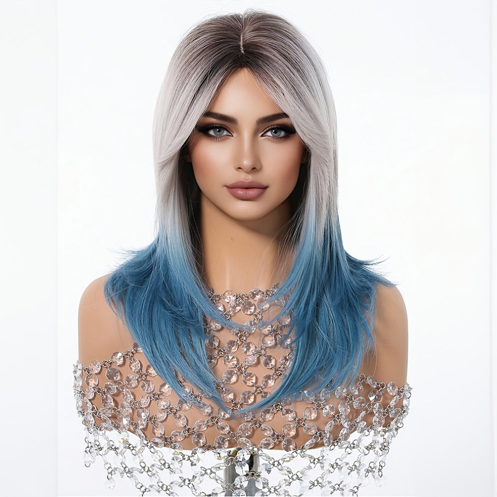 Synthetic Wig 22-Inch Gradient Blue Ombre Layers with Bangs, Adjustable Cap and Rose Hair Net — image 2
