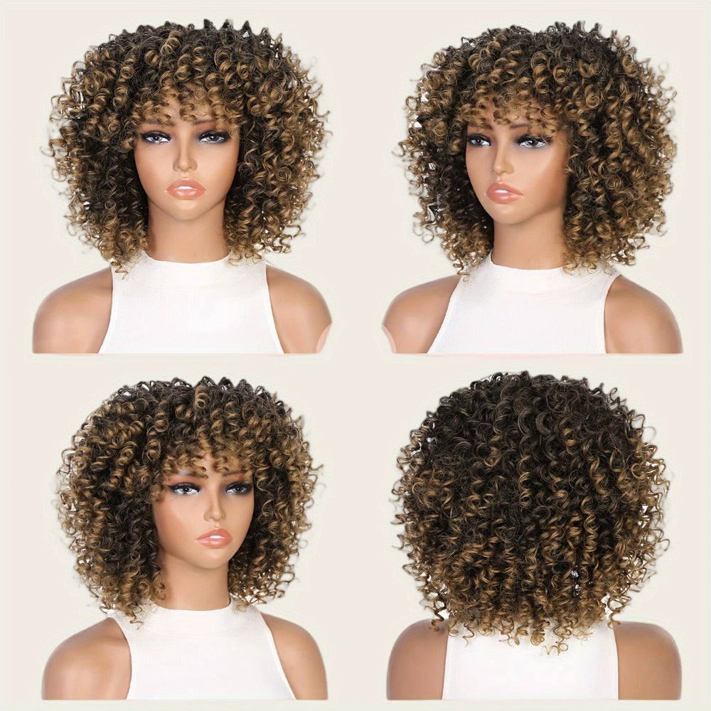 Synthetic Wig 14-Inch Kinky Curly Afro with Bangs, 180% Density and Stretch Net Cap for Daily Style — image 2