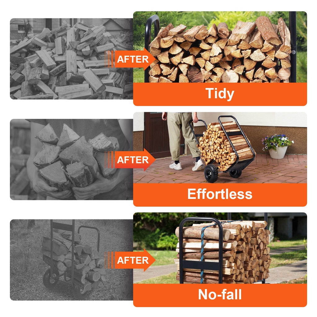 Firewood Log Cart, Carbon Steel Wood Carrier with Pneumatic Rubber Wheels for Garden, Patio and Yard Use — image 6