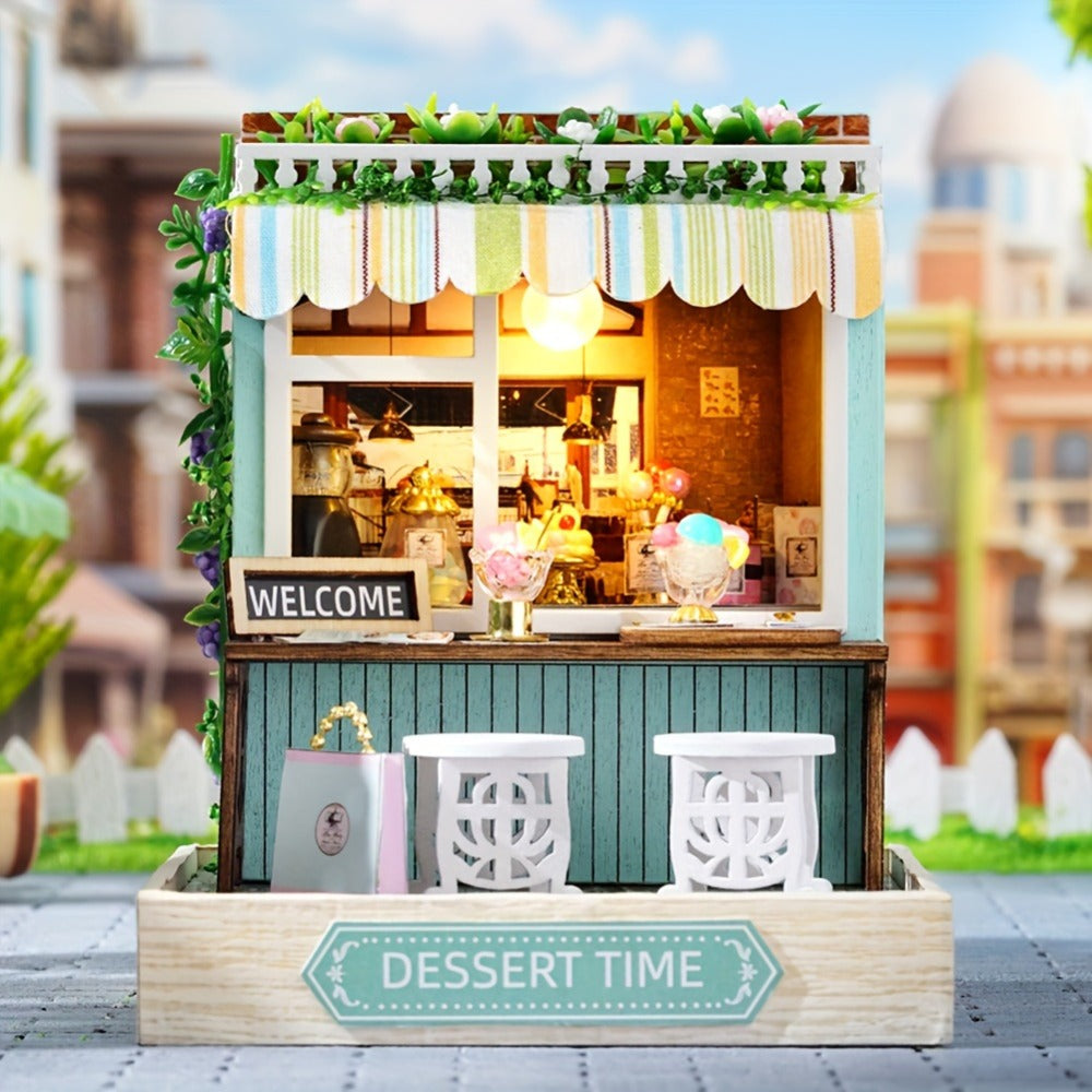 DIY Wooden Tiny House Kit with Dust Cover, Handmade Miniature Dollhouse Puzzle, 3 Themes Afternoon Tea Rotating Food House Mo
