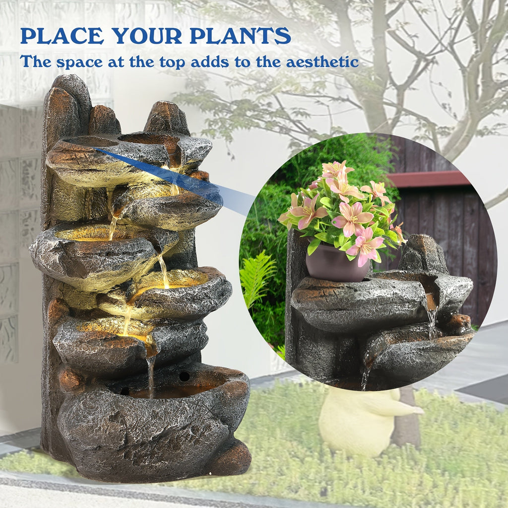 Outdoor Water Fountain 6-Tier Cascading Garden Fountain with LED Lights, Pump & Rocky Peak Decor — image 6