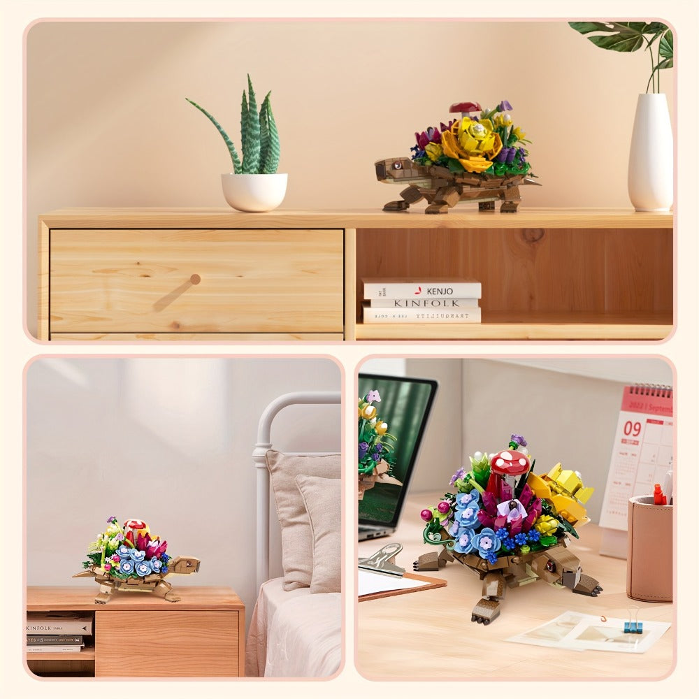 Turtle Flower Planter Building Block Set 510 Pieces – Cute Turtle Brick Puzzle Decor Toy, Unique Handmade Display Gift for Ki