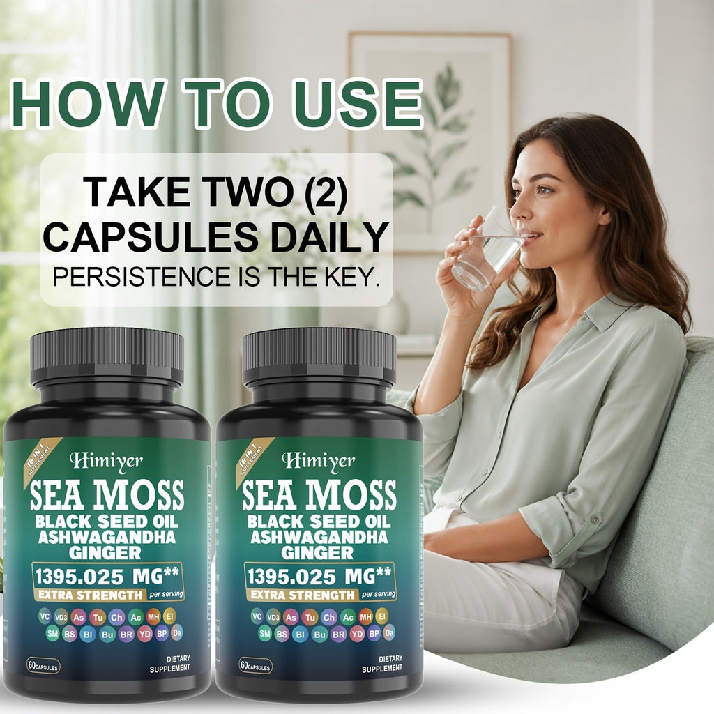Sea Moss Ashwagandha Capsules 16-in-1 with Black Seed Oil Turmeric Cinnamon, Boosts Energy Immunity & Athletic Performance — 