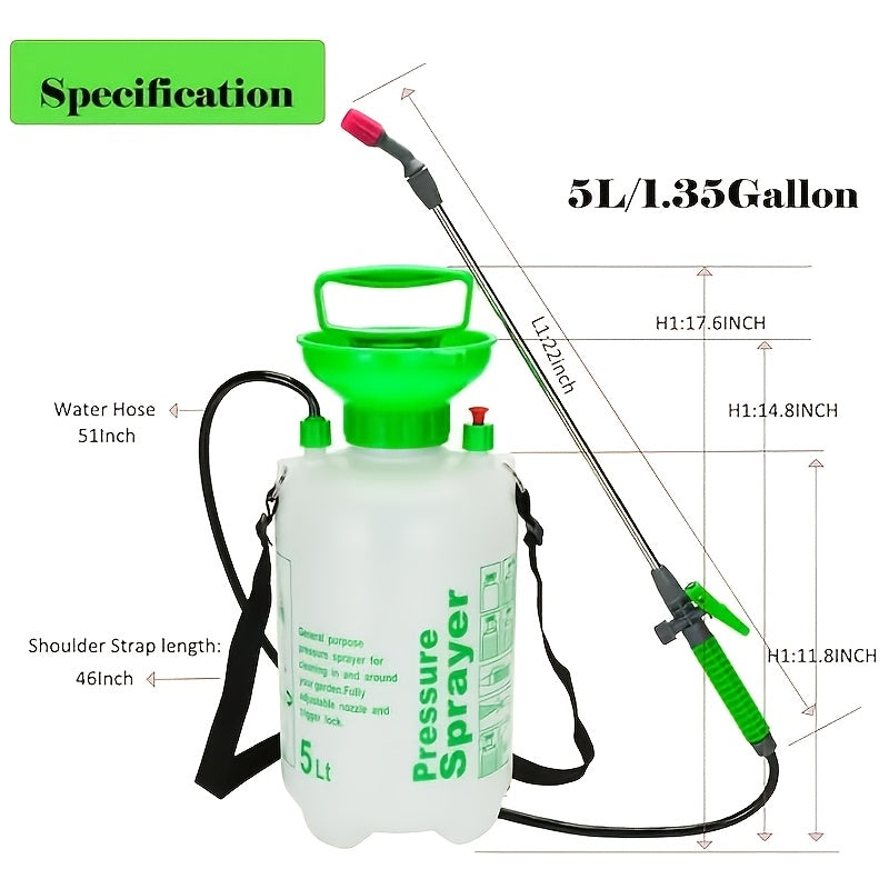 Garden Pressure Sprayer 1.32 Gallon Hand Pump Sprayer with Shoulder Strap Adjustable Nozzle for Plant Watering Lawn Care Pest