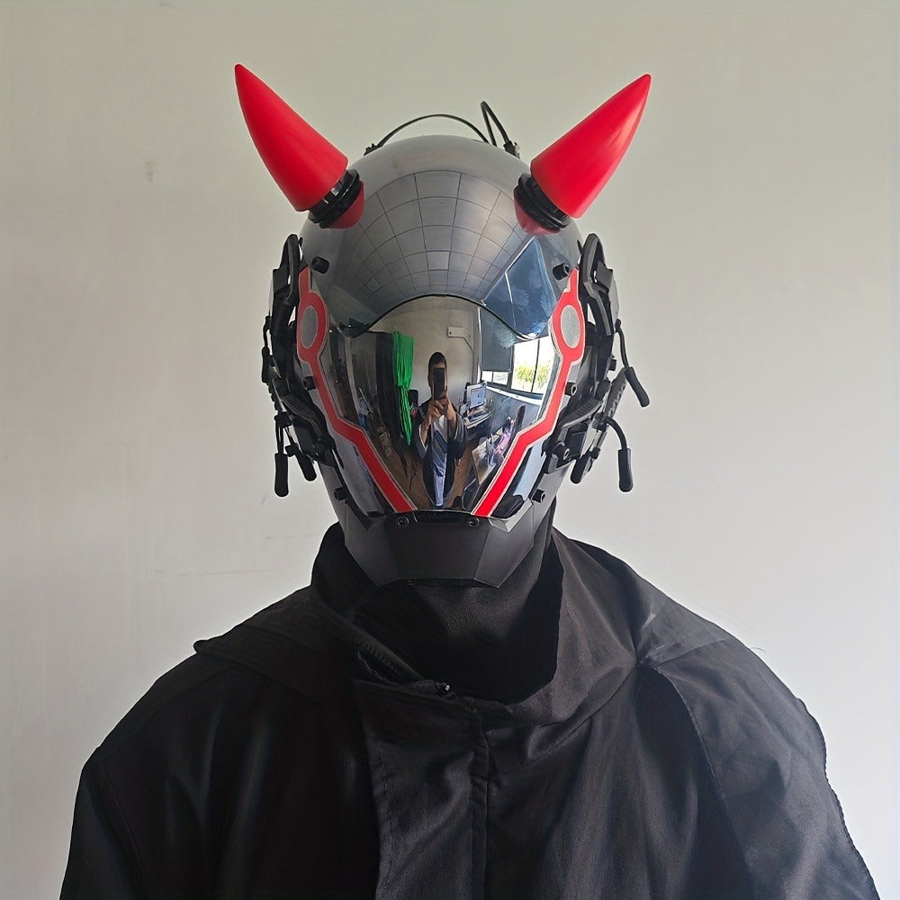 Pink LED Cyberpunk Costume Mask with Horned Full-Face Helmet, Reflective Visor and Lighted Accent Lines — image 5