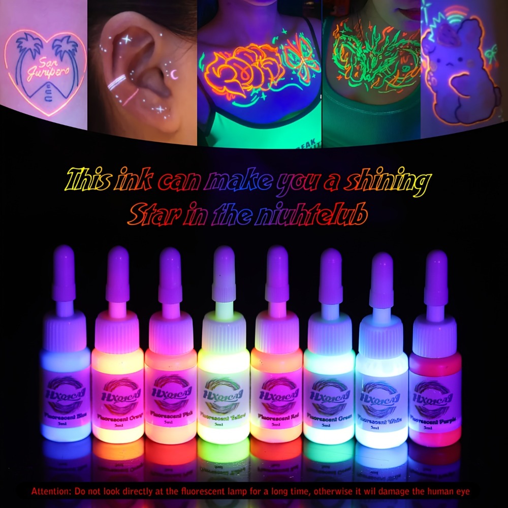 Tattoo Ink 8-Color UV Fluorescent Set with 5ml Bottles and Full Neon Color Range with Item-Specific Color, Capacity and Bottl