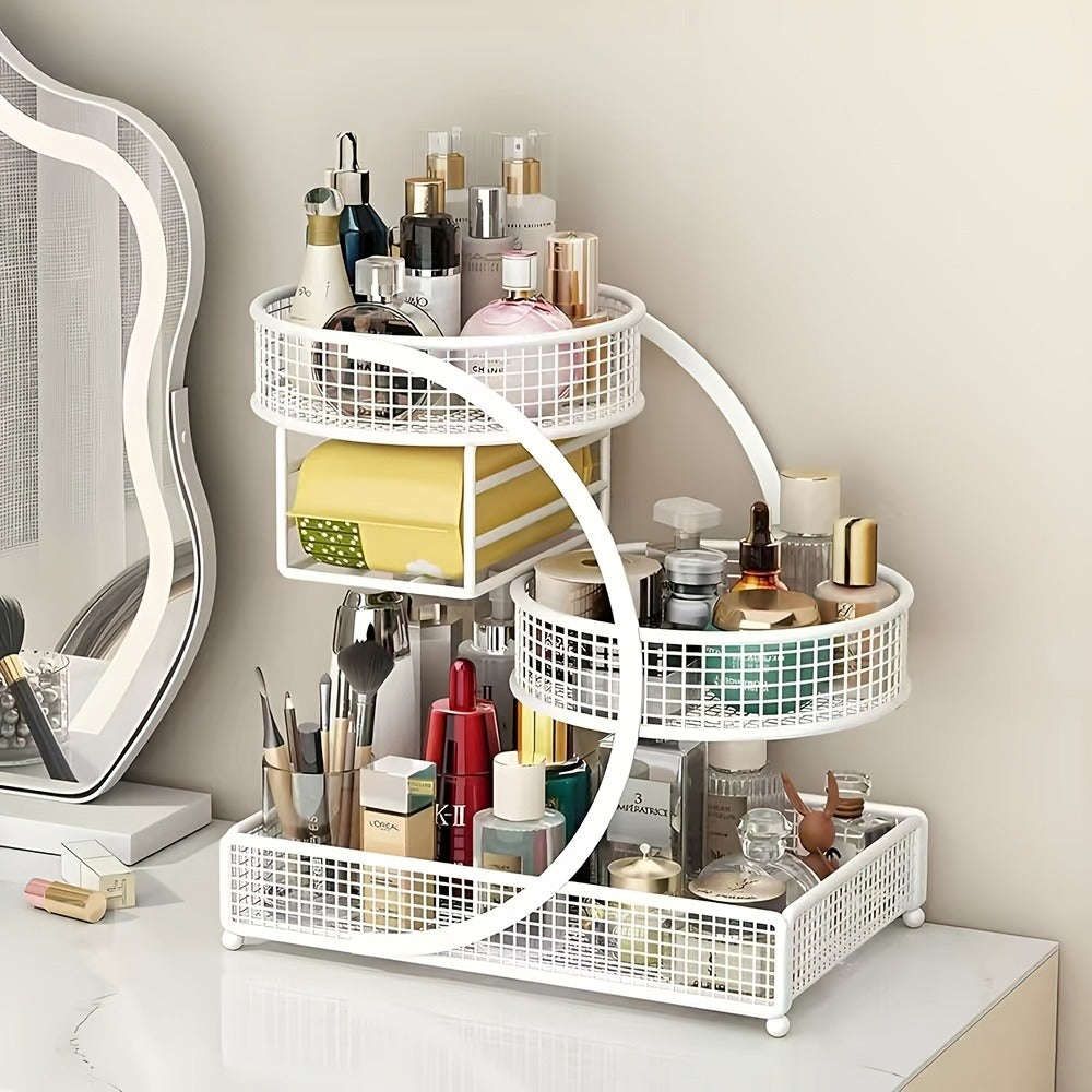 Cosmetic Organizer with Tissue Box Holder No-Installation Countertop Makeup Skincare Storage Rack for Bathroom Dresser Vanity