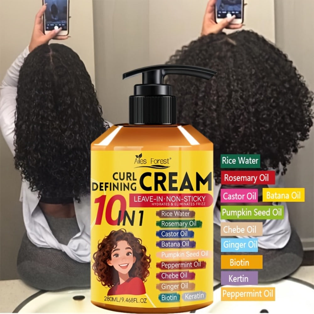 10-in-1 Curl Styling Cream in a 280ml Pump Bottle with Rice Water, Biotin and Named Oils Listed on Label — image 7