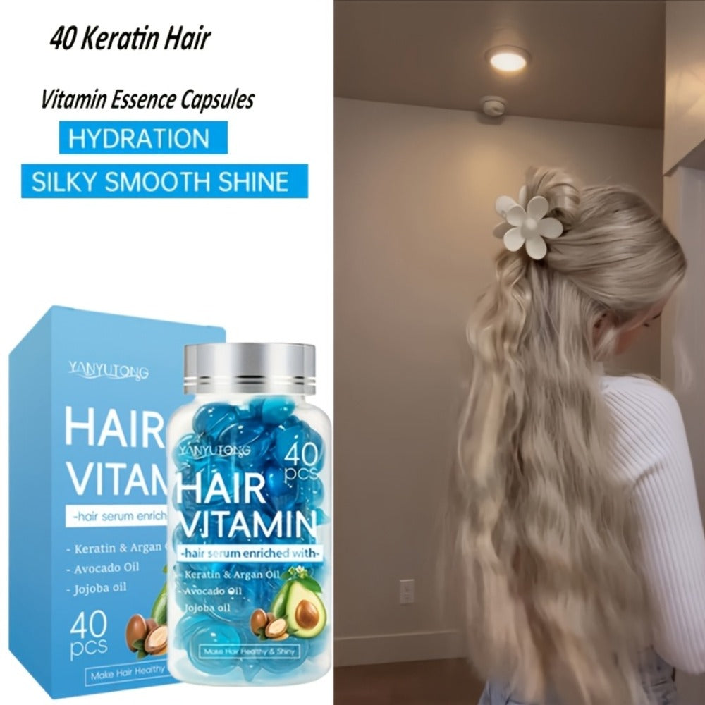 Hair Oil Capsules 40pcs – Keratin Hair Vitamin Essence with Moroccan Argan Oil, Avocado Oil & Jojoba Oil | No-Rinse Deep Nour