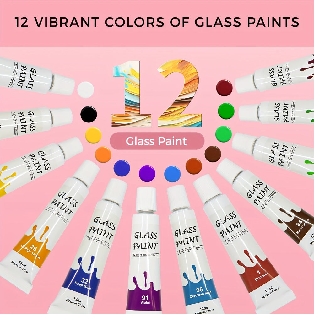 Stained Glass Painting Kit 12 Colors Acrylic Paint Set with 3 Brushes, Window Glass Paint for Wine Glasses Ceramic Mugs — ima