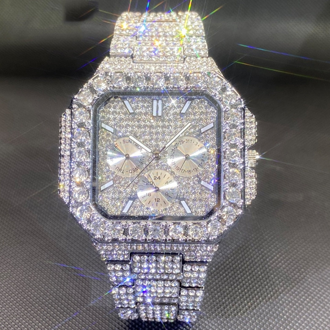 European And American Hip-hop Men's Watch Square-shaped Fully Diamond-encrusted Multi-functional
