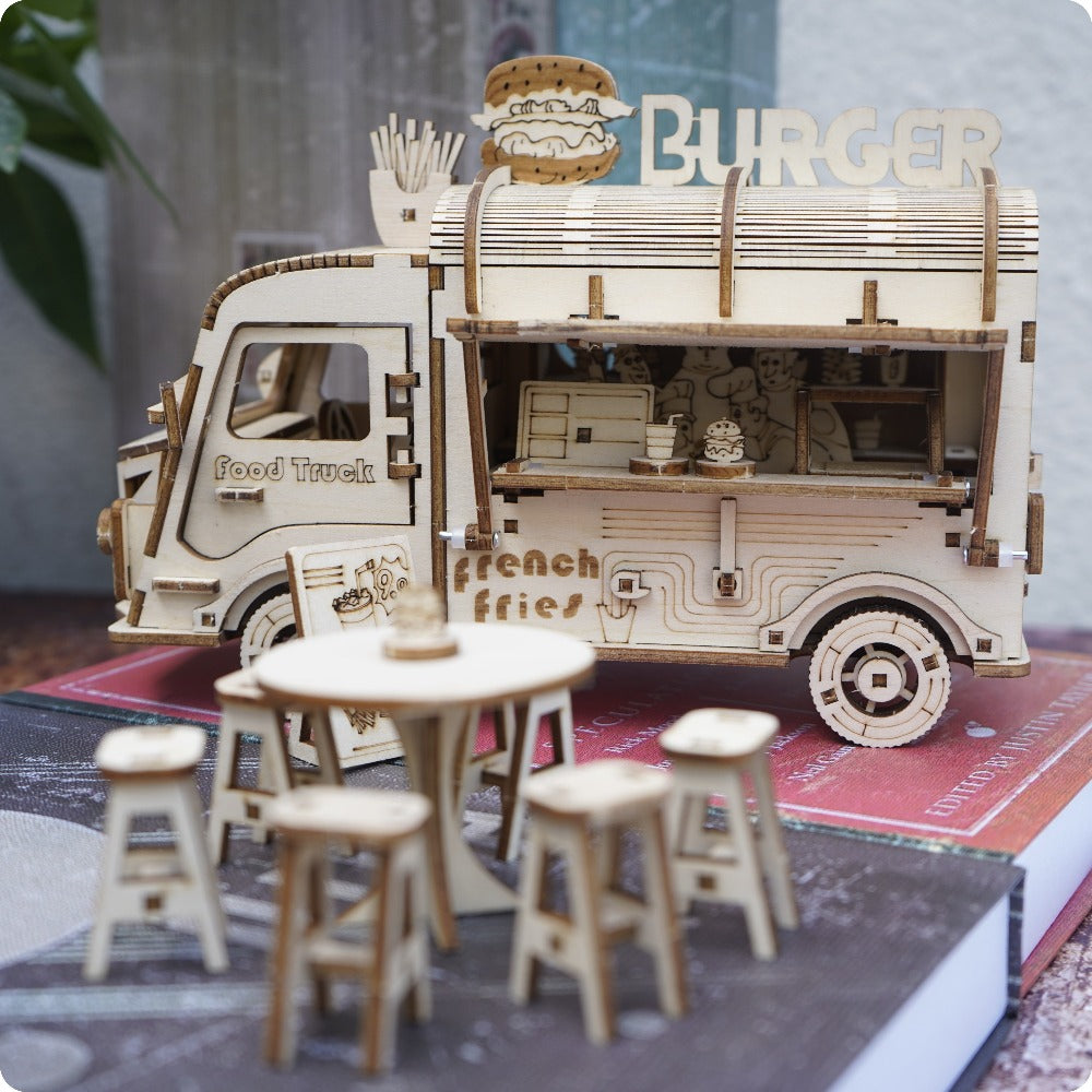 Wooden Food Truck 3D Puzzle Model Kit with Burger Stand Body, Miniature Tables and Pictured 21.5 cm Length — image 2