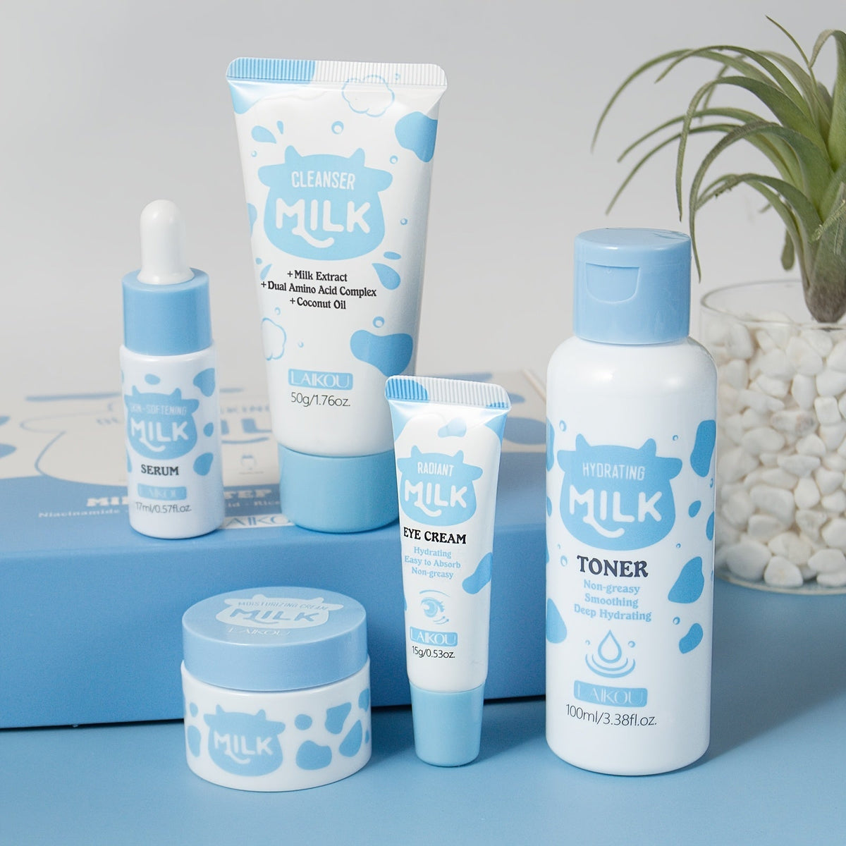 Skincare Set with LAIKOU Label, 5 Milk Niacinamide Alpha-Arbutin Items with Cleanser Toner Serum and Creams — image 10