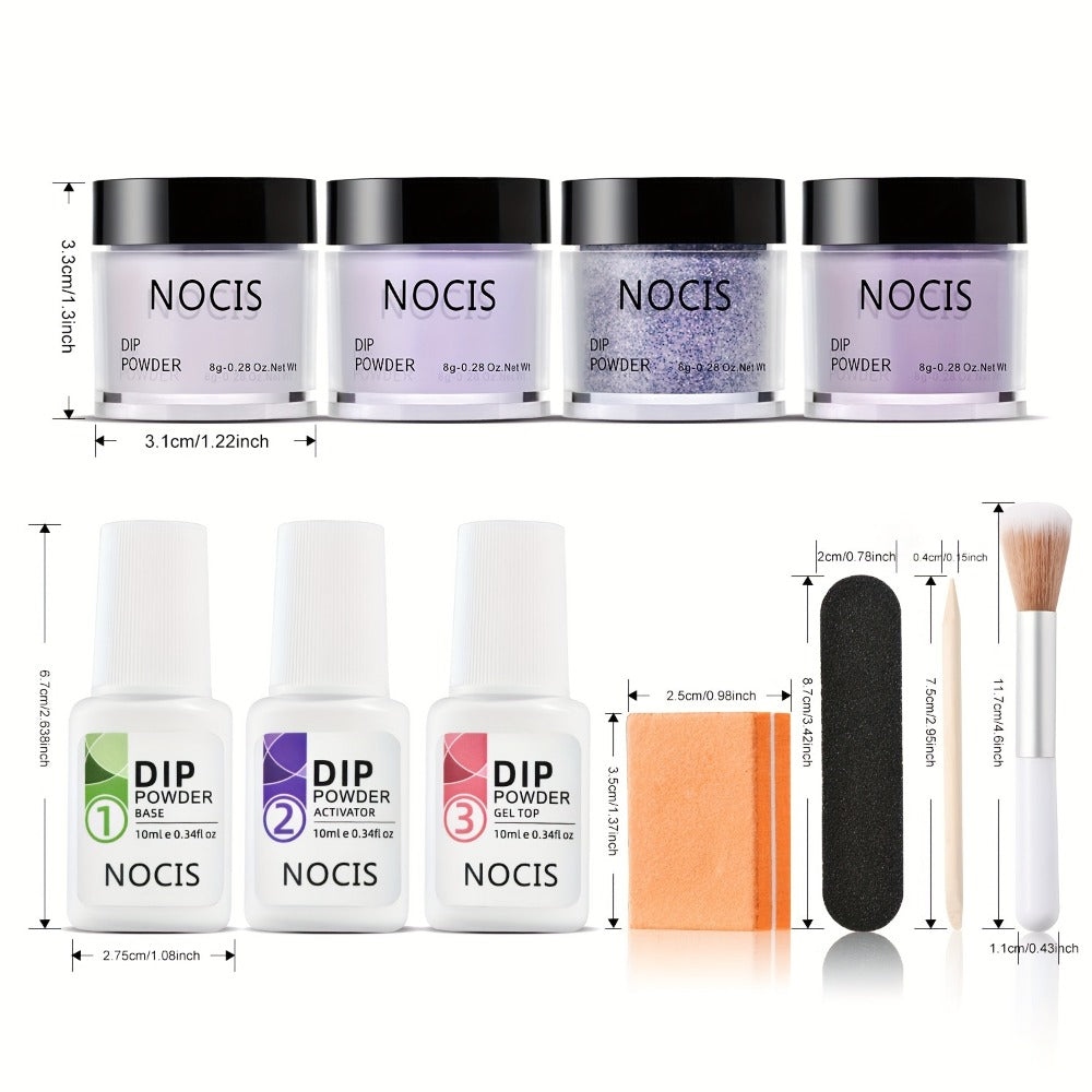Dip Powder Nail Kit with NOCIS Label, Four Lilac Lavender Purple Glitter Powders, Three 10ml Liquids and Tools — image 5
