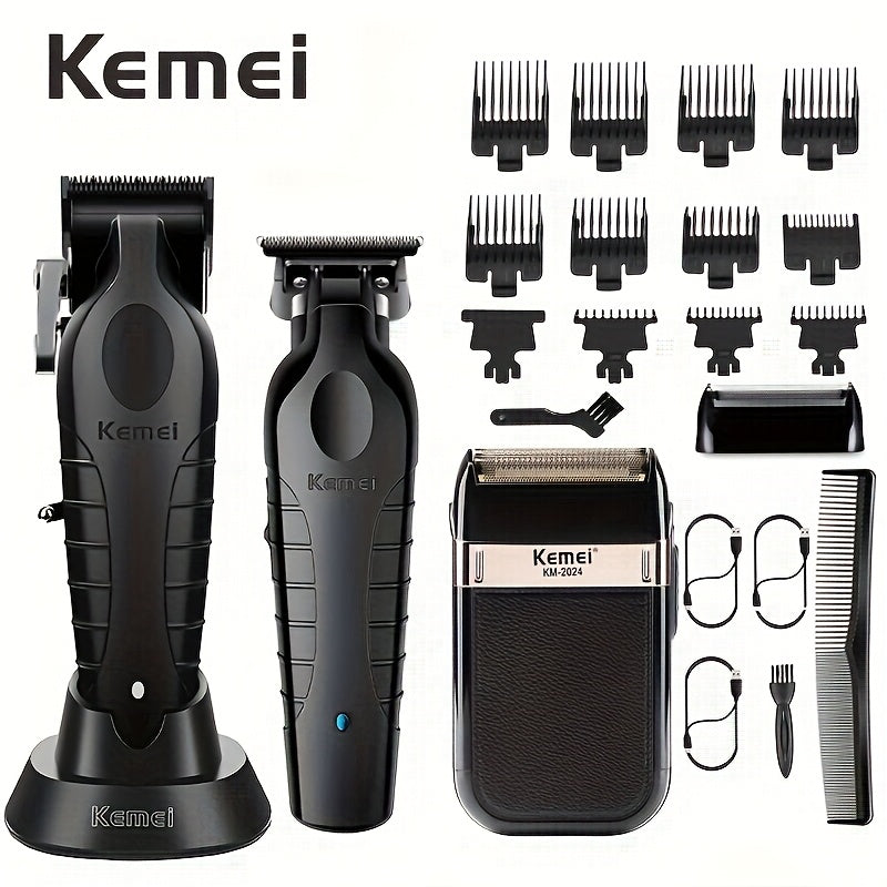 Hair Clippers & Trimmers Kemei Three-Piece Black Set with Full-Size Clipper, Detailer, Foil Shaver and Charging Base — image 