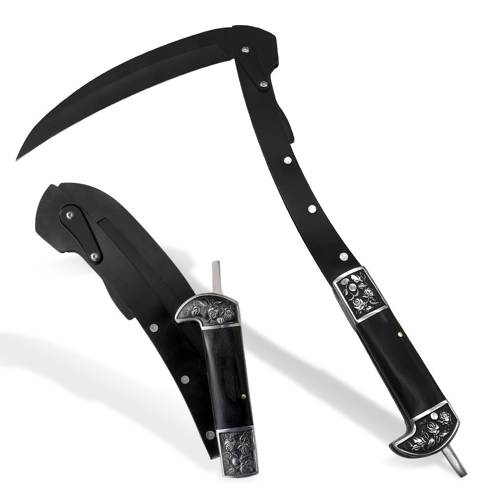 Folding Sickle Stainless Steel Flat Edge Blade with Black Wood Handle & Double Bolsters for Garden, Patio and Yard Use — imag