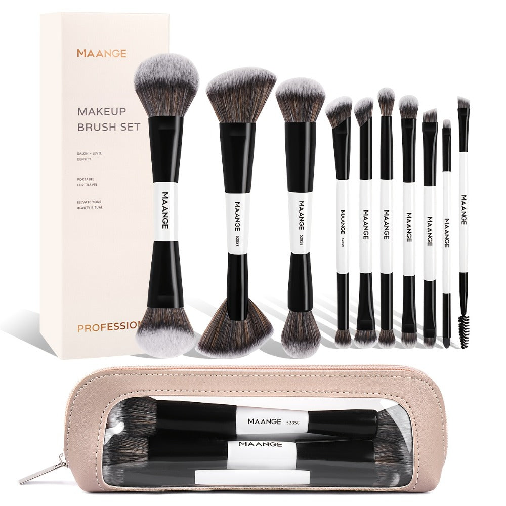 Makeup Brush Set, 10-Piece Double-Ended Nylon Bristle Collection with Cosmetic Bag and Three Color Options — image 1