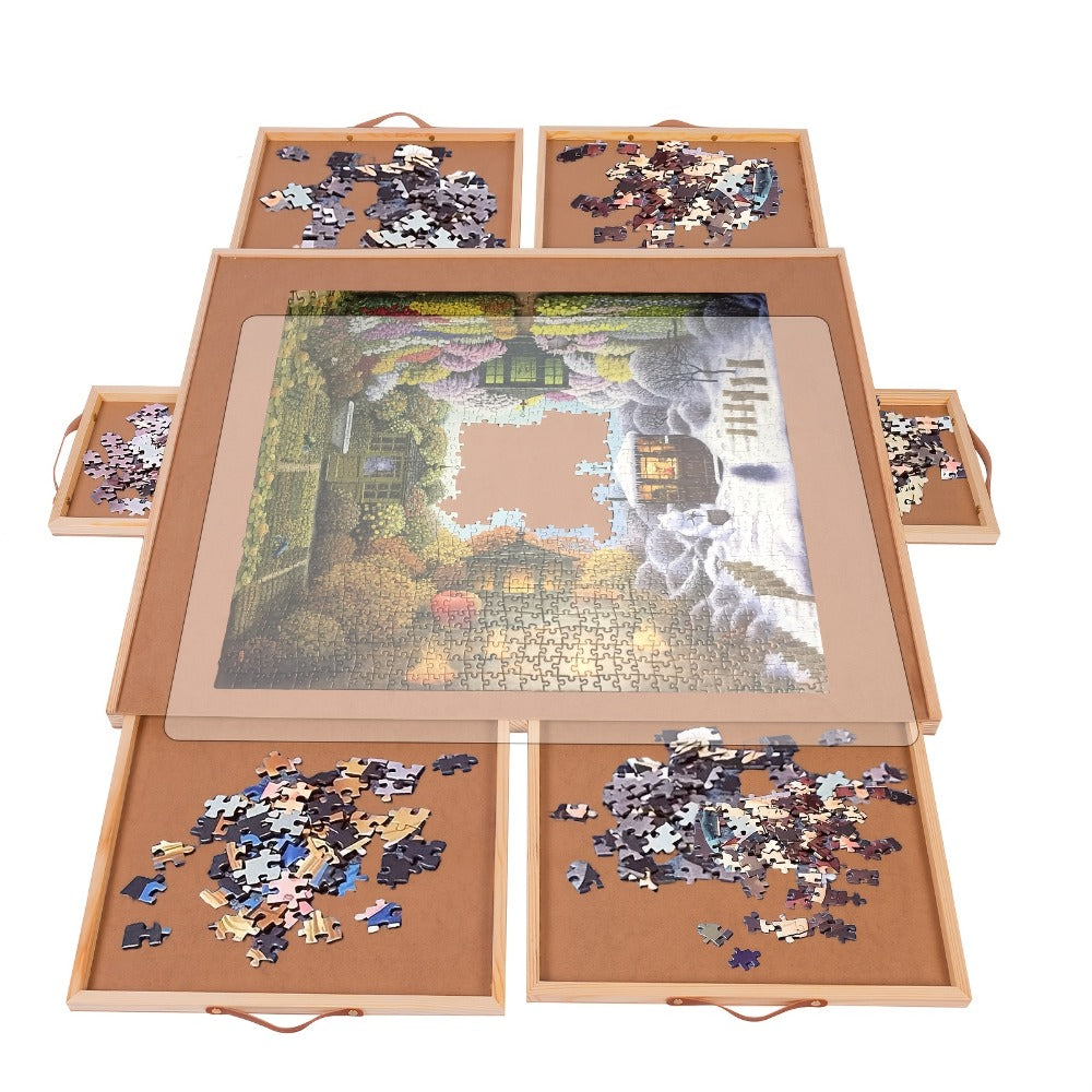 Rotating Wood-Look Puzzle Board with Six Sorting Drawers, Clear Cover and 35 x 27-Inch Surface — image 1