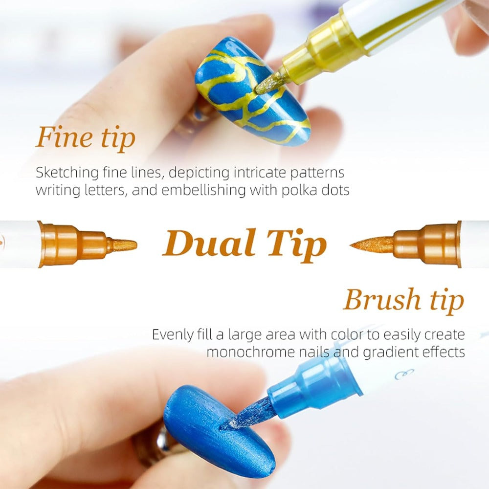 Nail Art Pens Set 10 Metallic Colors with 12pcs Nail Stickers – Dual-Headed 3D Acrylic Polish Markers for Doodle Dot Line Sti