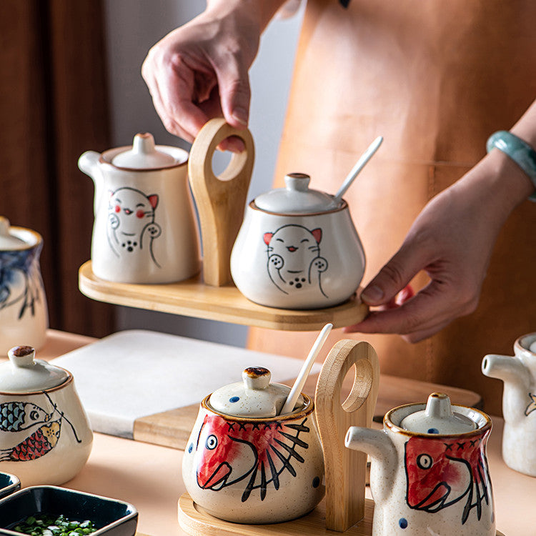 Ceramic Japanese Lovely Spice Jar Set With Spoon