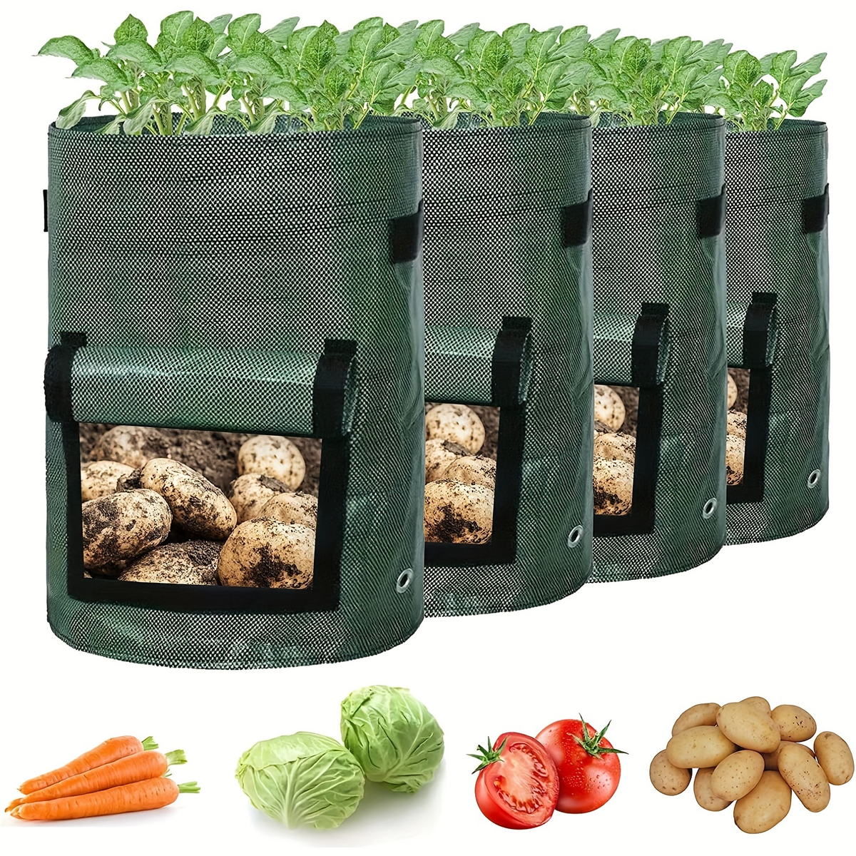 Grow Bags, Four Green 7-Gallon-Labeled Potato Side Harvest Flaps and Carry Handles for Container Planting — image 7