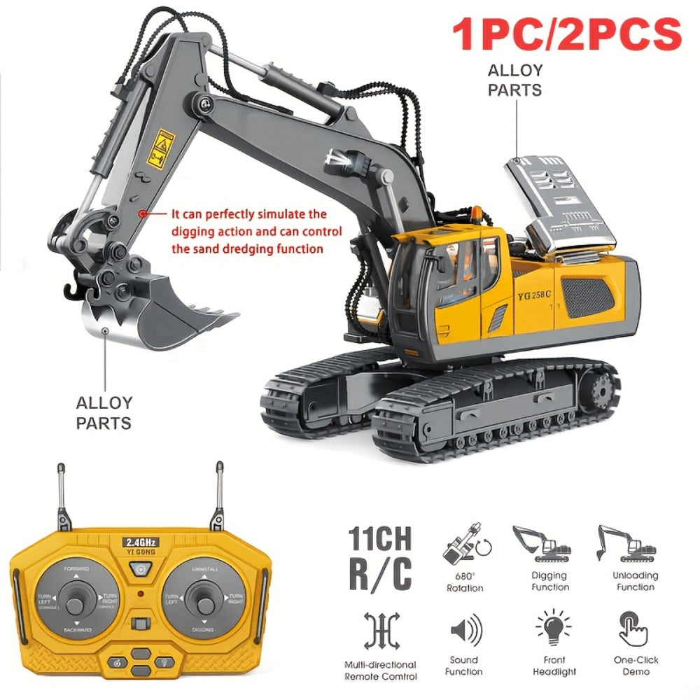 RC Construction Truck Toy 1:24 Scale Alloy Bulldozer Dump Truck & Excavator, 11-Channel Remote Control with Forward — image 1