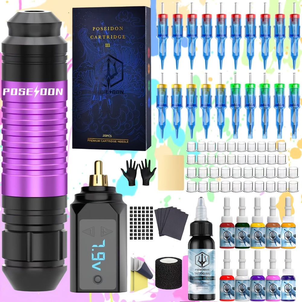 Tattoo Machine Kit POSEIDON TU12 Wireless Pen with 1500mAh Battery, USB-C, 20 Cartridges and Practice Skin — image 1