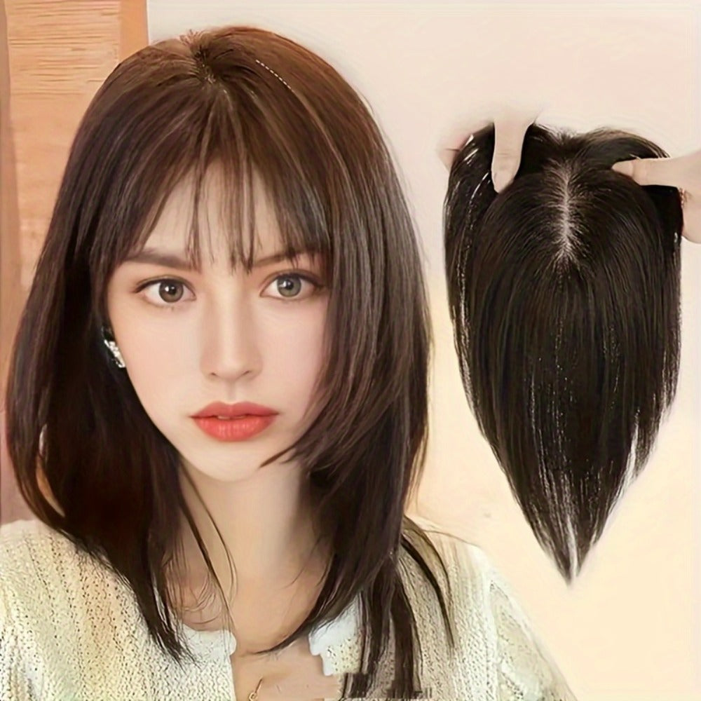 Hair Topper with Bangs for Women Thinning Hair Crown Coverage 10 Inch Lightweight Clip In Top Wig Volume Boost Black Dark Bro