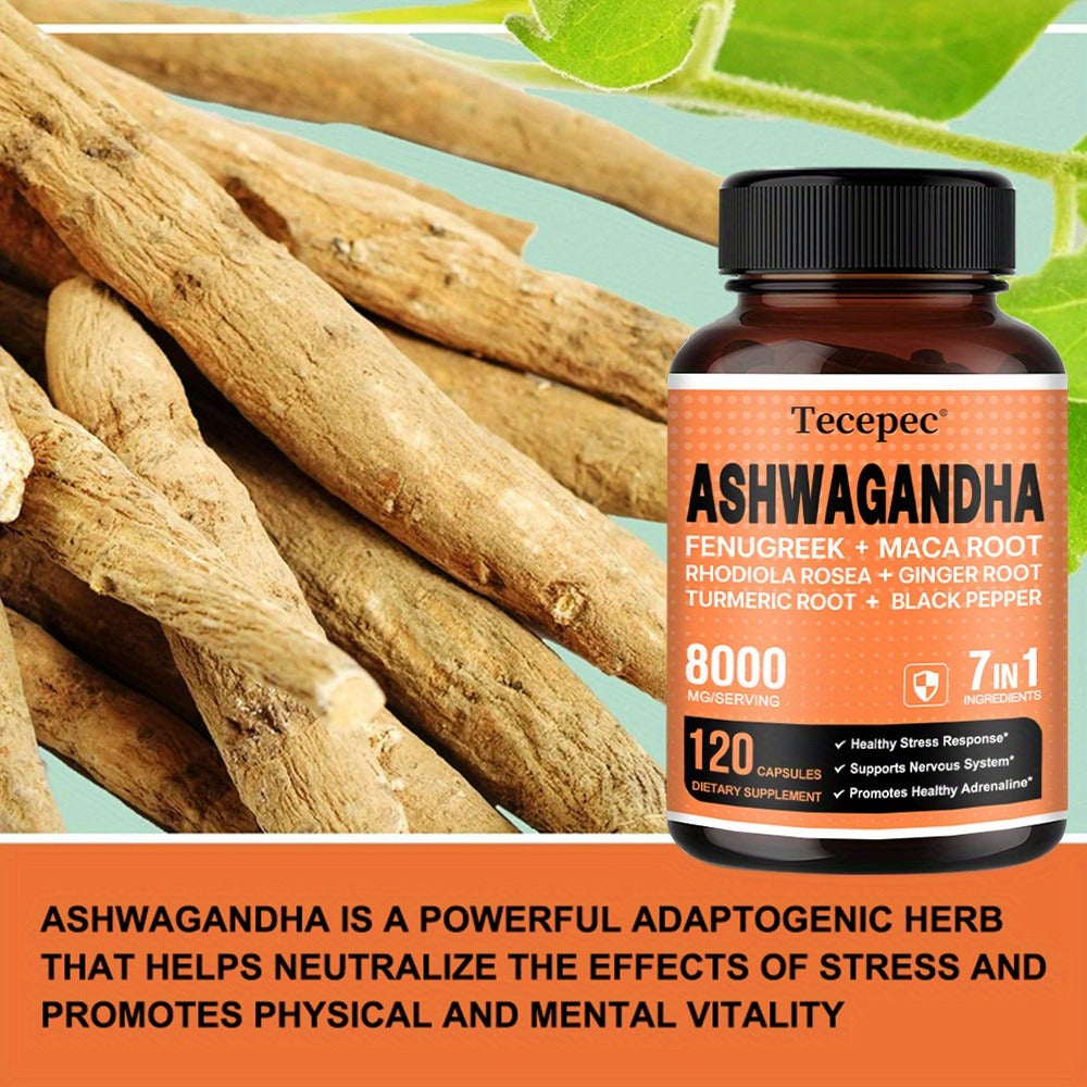 Ashwagandha Capsules 7-in-1 Adaptogen Blend 120ct with Maca Root Rhodiola Rosea Ginseng for Bath Time, Home Spa and Personal 