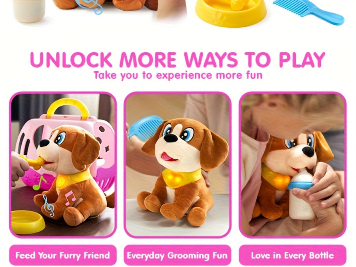Interactive Plush Dog Toy for Toddlers with Carrier Set Music Lights Sounds with the Listed Color, Size or Set Options for Ev
