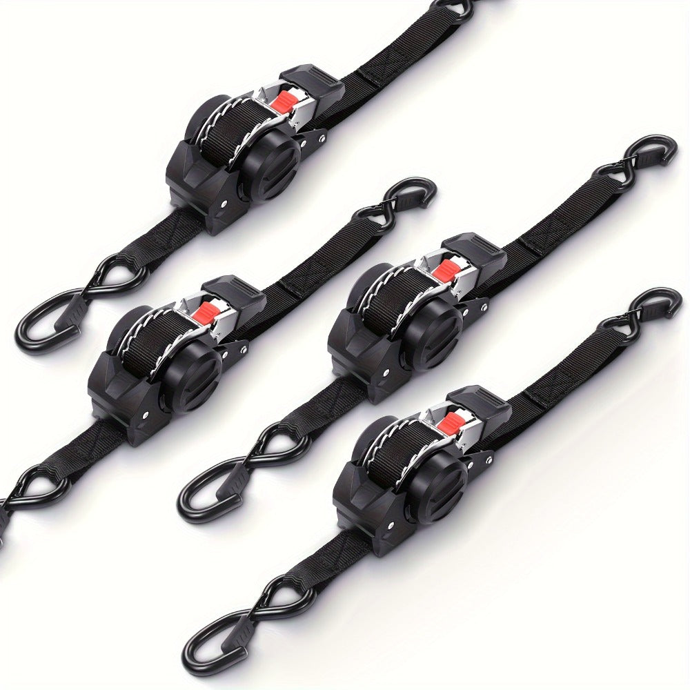 Ratchet Tie-Down Straps with Auto-Retract & Speed Control – Heavy-Duty Cargo Securing Kit with Hooks & Storage Bag | Motorcyc