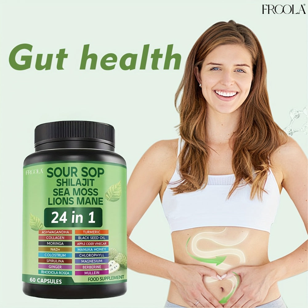 24-in-1 Daily Wellness Capsules with Soursop, Shilajit, Sea Moss & Lion's Mane, 2238mg Immune & Liver Health Formula for Men 