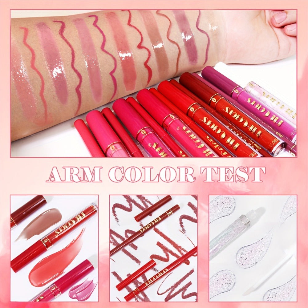 Lip Liner and Lip Gloss Kit 13 Piece Matte Non-Stick Waterproof Pigmented Long-Lasting Moisturizing Lip Glaze Combo Set for D