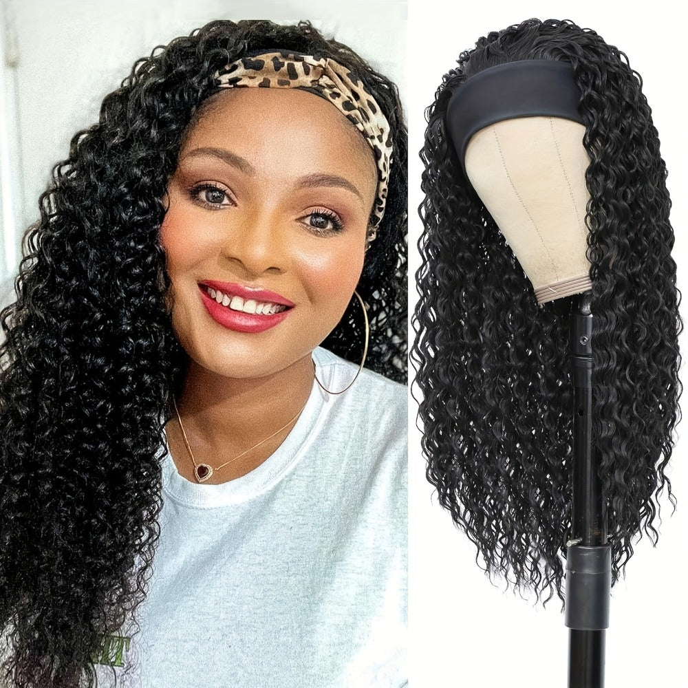 Headband Wig Curly Wavy for Women Black Synthetic Glueless No Lace – Elastic Cap Heat Resistant Beginner Friendly for Daily W