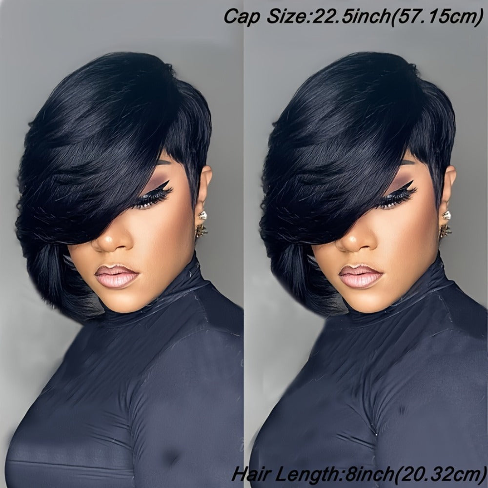 Layered Pixie Human Hair Wig with Side Bangs in #4 Brown, #99J Burgundy or #1 Black Color Options — image 6