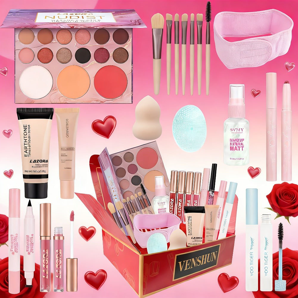 Full Face Makeup Gift Set for Women, Foundation, 18-Color Eyeshadow Palette, Coral Lipstick & Eyebrow Pencil — image 5