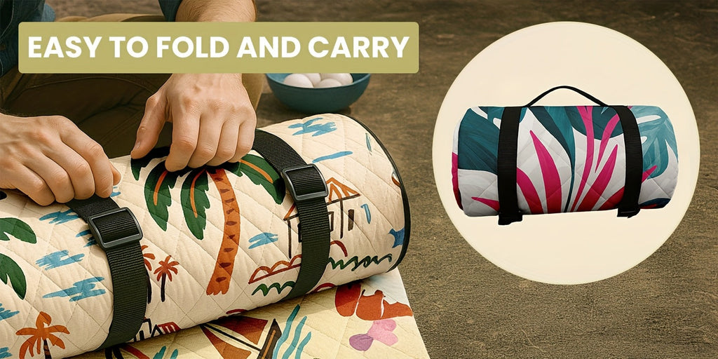 Large Padded Picnic Blanket with Carry Straps in Geometric, Palm-Village or Tropical Leaf Prints — image 14
