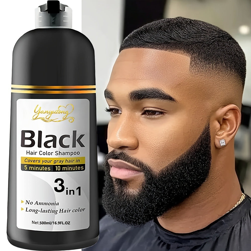 Hair Dye Shampoo, YANYUTONG 500ml Black 3-in-1 Pump Bottle for Hair and Beard Color Application — image 1