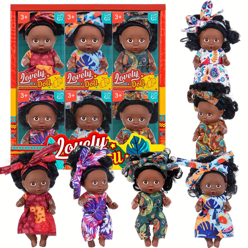 Mini Baby Doll Six-Piece Set with Dark Skin Tones, 4.53-Inch Dolls, Curly Hair and Patterned Outfits — image 9