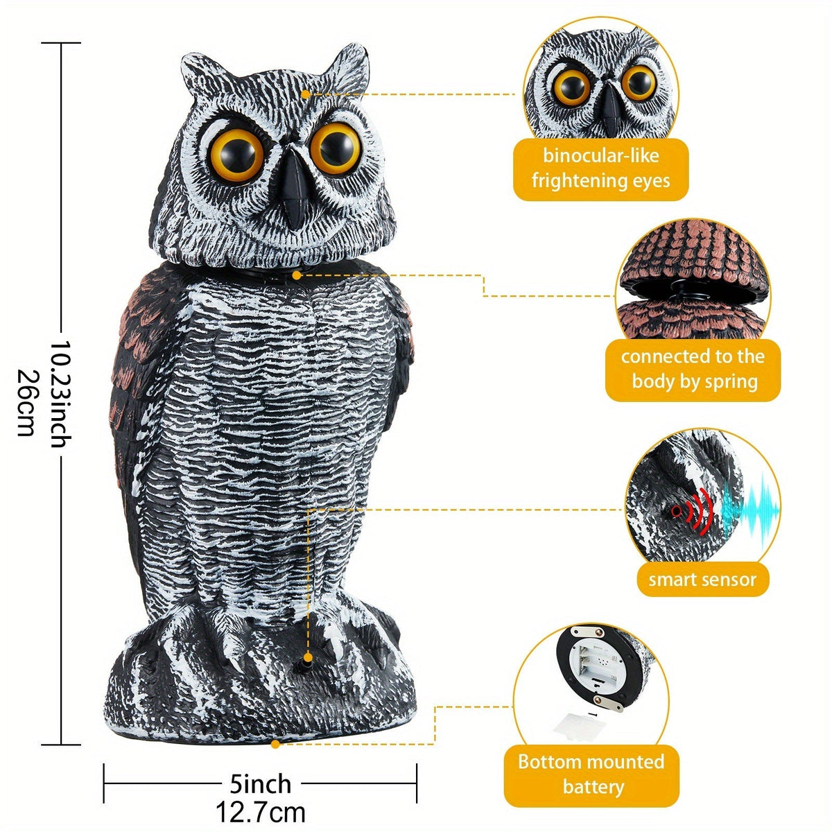Rotating Head Fake Owl Decoy Bird Deterrent, Battery Powered Plastic Scarecrow Repellent for Garden Yard Patio — image 6