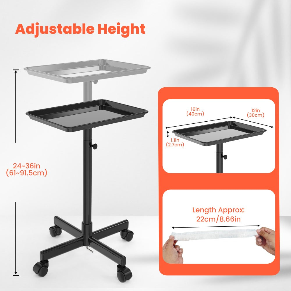 Black Adjustable Salon Tray Cart with 10 Disposable Covers, Rolling Casters and Removable Top Tray — image 11