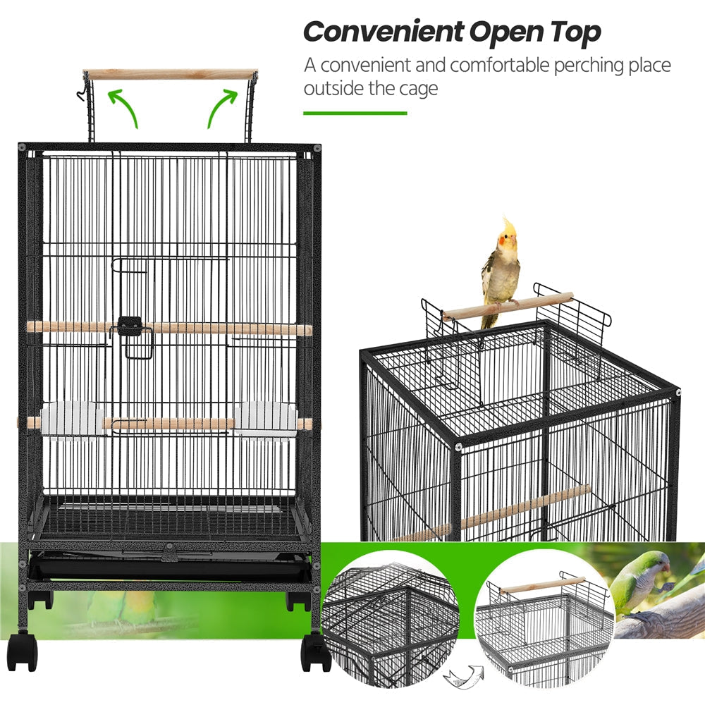 Bird Cage with Rolling Stand Open Top 31 Inch Wrought Iron Black – Slide Out Tray Feeder Doors, for Everyday Bird and Small A