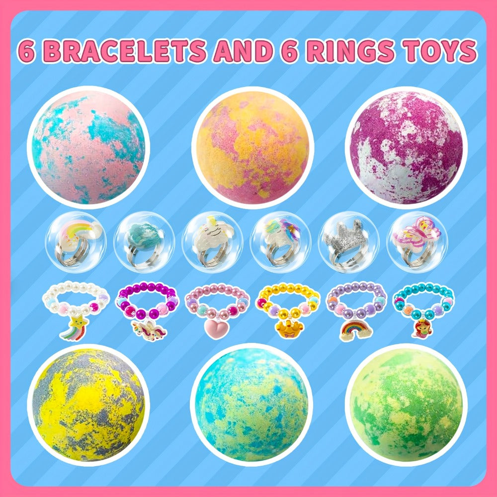 Bath Bombs, 6-Piece Unicorn Surprise Gift Set with Colorful Round Fizzers, Bracelet and Ring Accessories — image 4