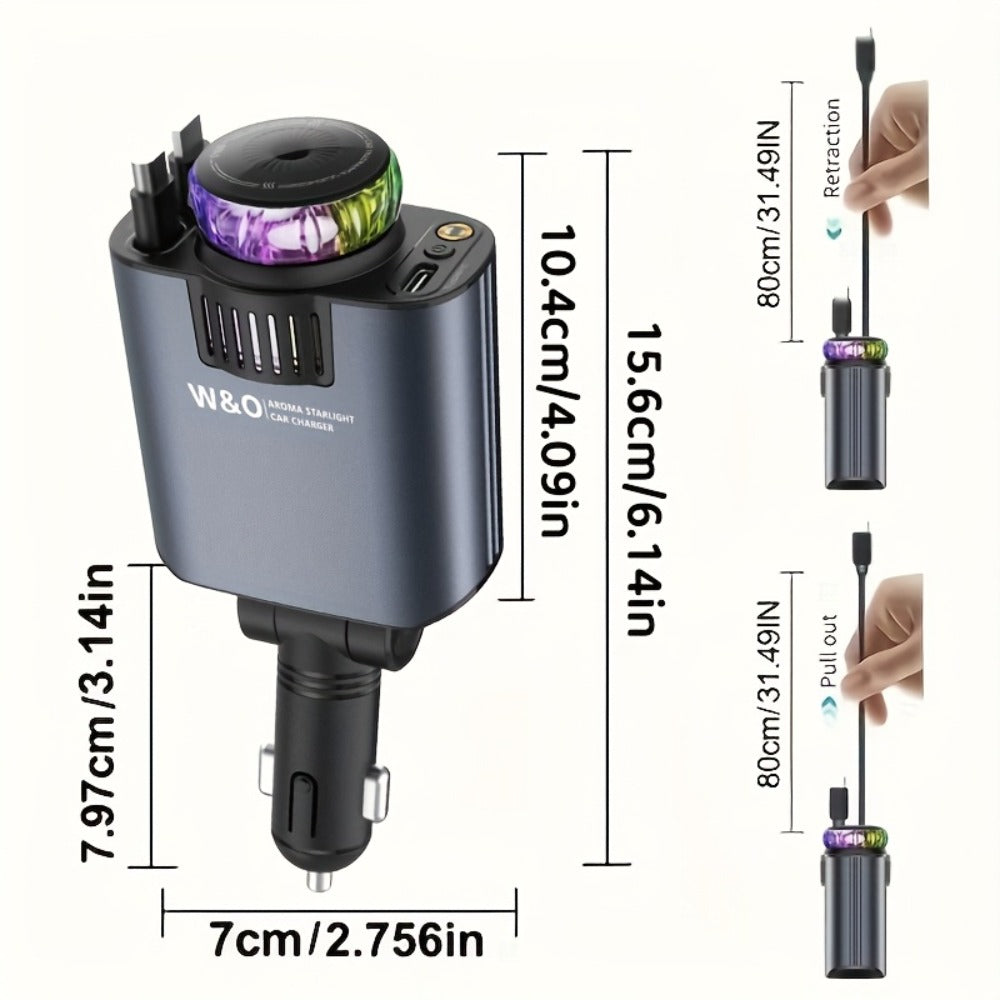 3-in-1 Car Charger, Air Freshener & Starry Sky Ceiling Light – Retractable Type-C & Lightning Cable, Aromatherapy Perfume — i
