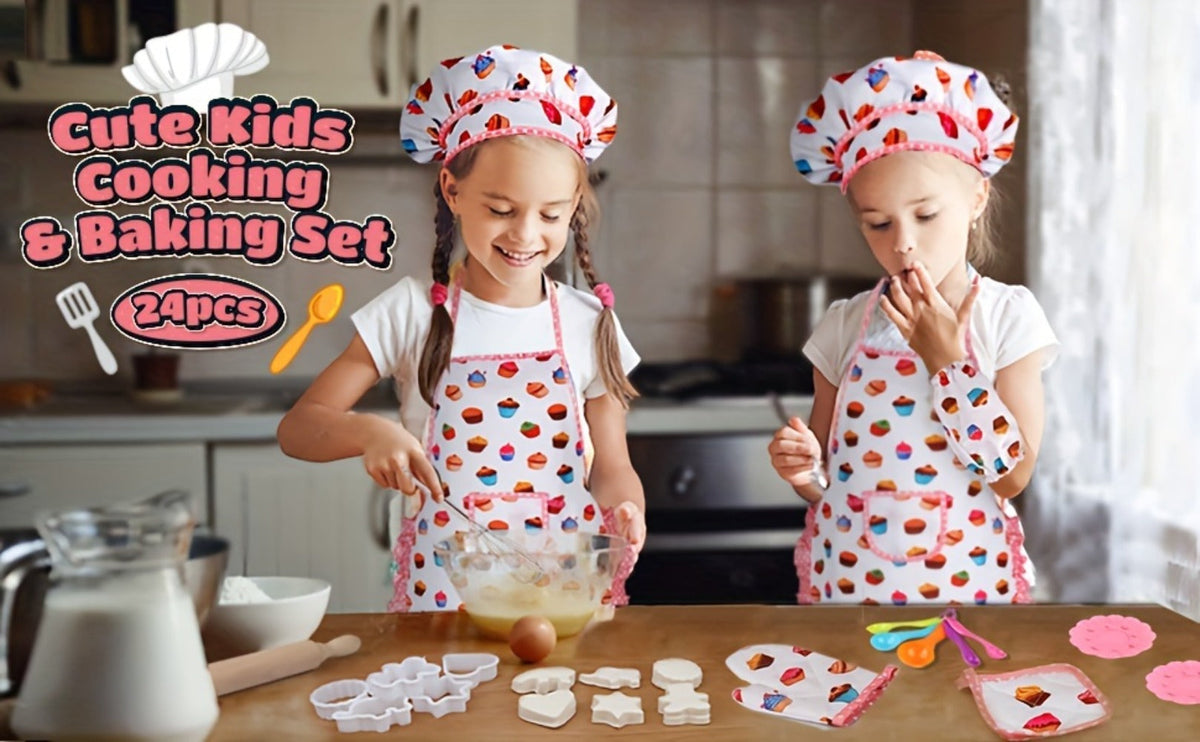 Kids Cooking & Baking Set 24 PCS, Chef Hat & Apron Dress-Up Costume with Baking Accessories for Girls Boys Ages 3-10 — image 