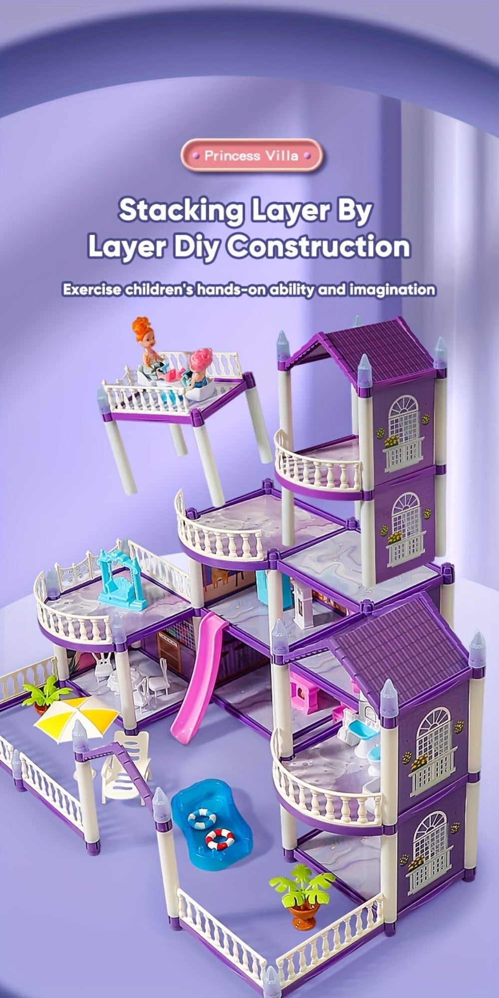 LED Dollhouse Playset for Girls, Purple Multi-Room Playhouse with Doll Figures, Puppies, Furniture & LED Lighting — image 17