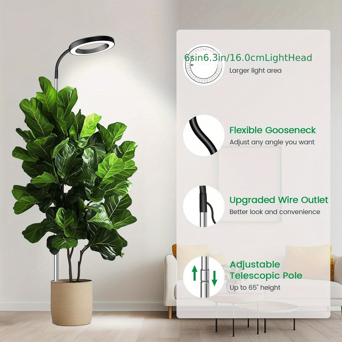 Telescopic Ring LED Plant Lamp with Flexible Gooseneck, 10-65in Pole and Black or White Options — image 10